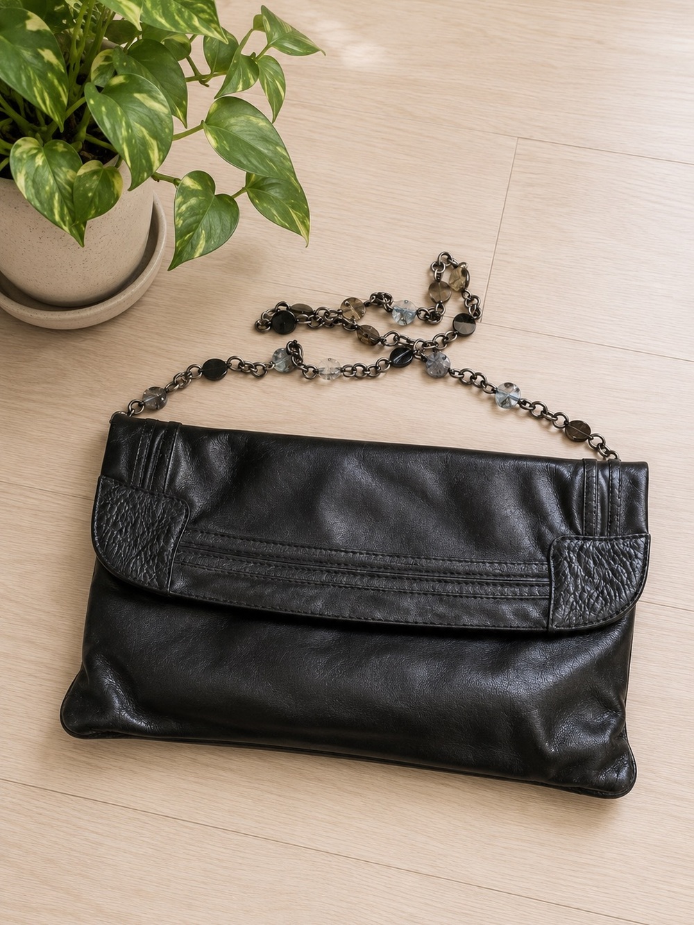 Vintage Ingledews Black Leather Clutch Silver Chain Strap Exotic Trim Cocktail